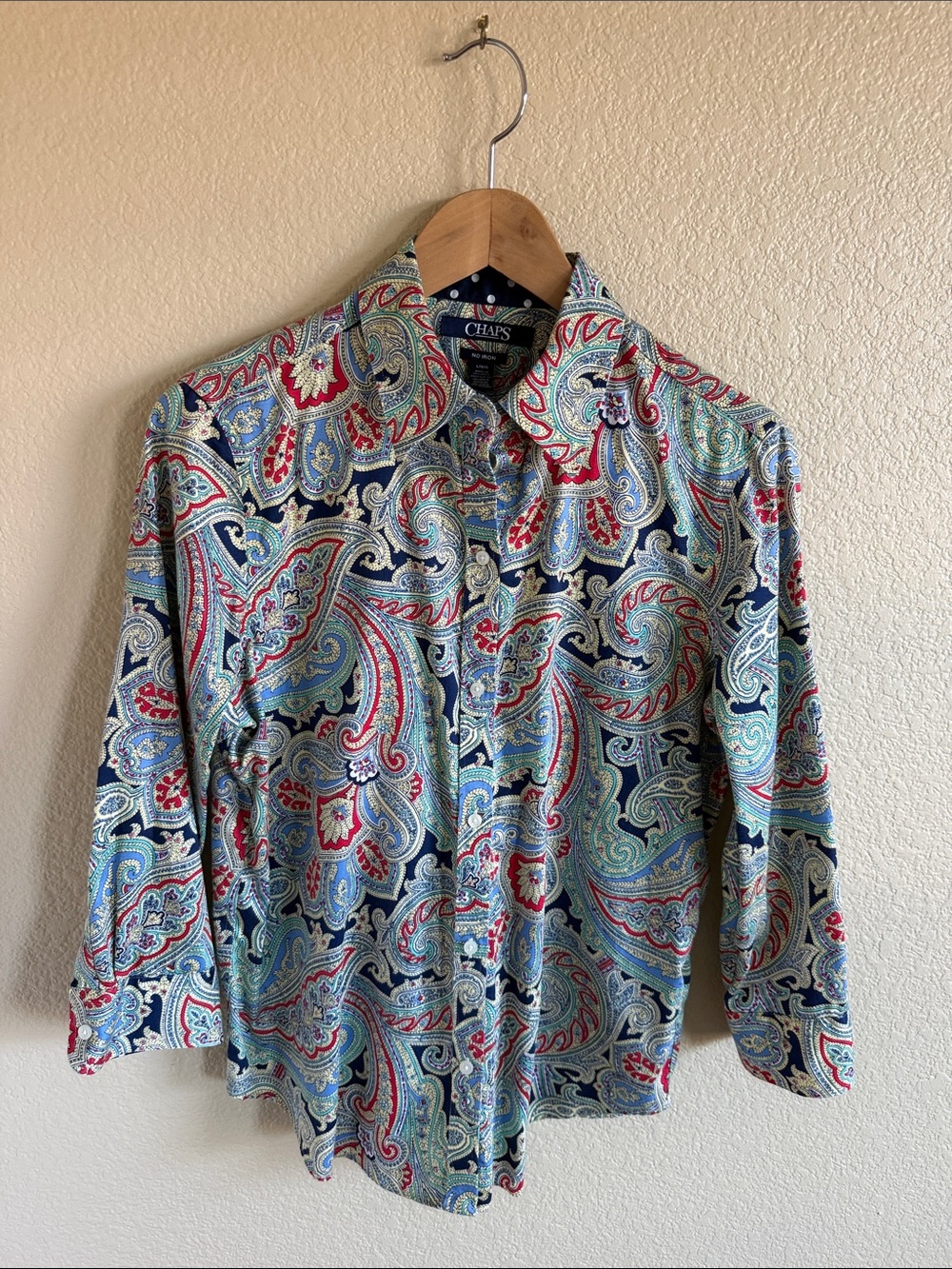 Chaps Women’s Multicolor Patterned Button-Down Shirt — Blue, Red, Green
